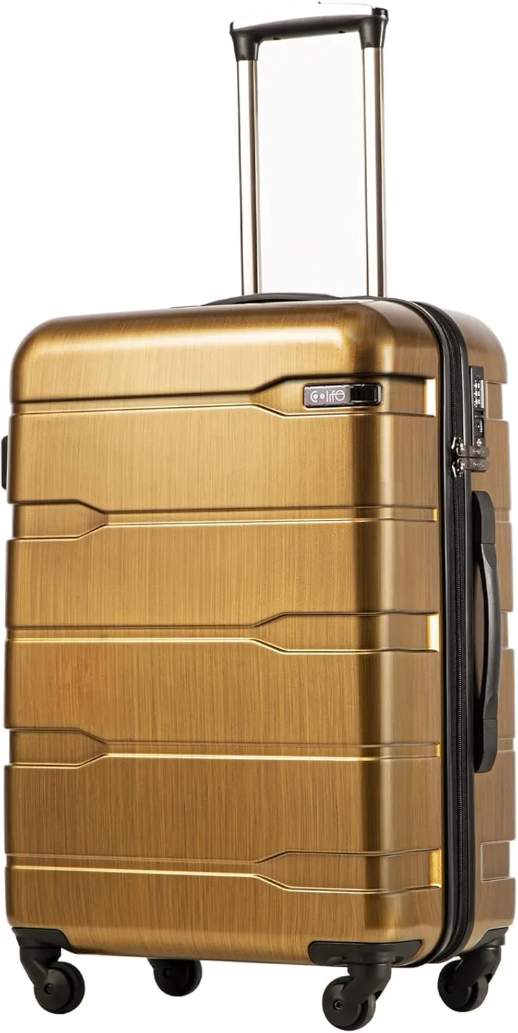 Coolife Luggage Expandable(only 28") Suitcase PC ABS Spinner Built-In TSA lock 20in 24in 28in Carry on (Black brown, S(20in_carry on))