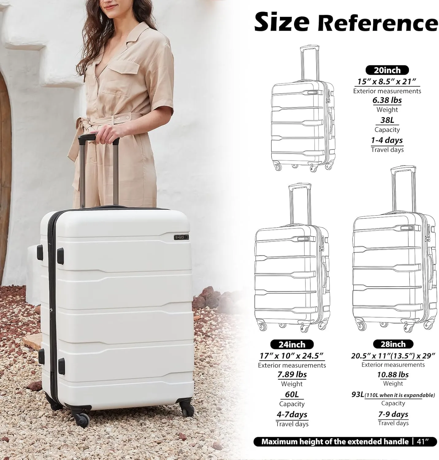 Coolife Luggage Expandable(only 28") Suitcase PC ABS Spinner Built-In TSA lock 20in 24in 28in Carry on (Black brown, S(20in_carry on))