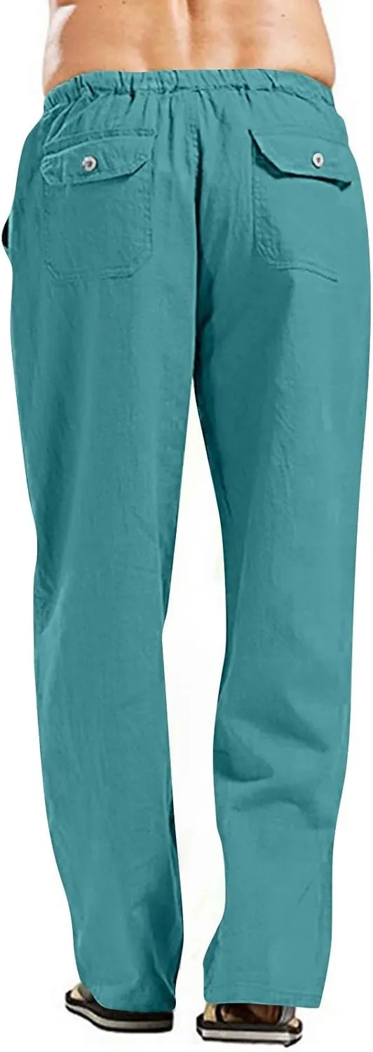 Cotton Linen Pants Men Summer Plain Pants Loose Fit with Elastic Waist Drawstring Beach Trousers