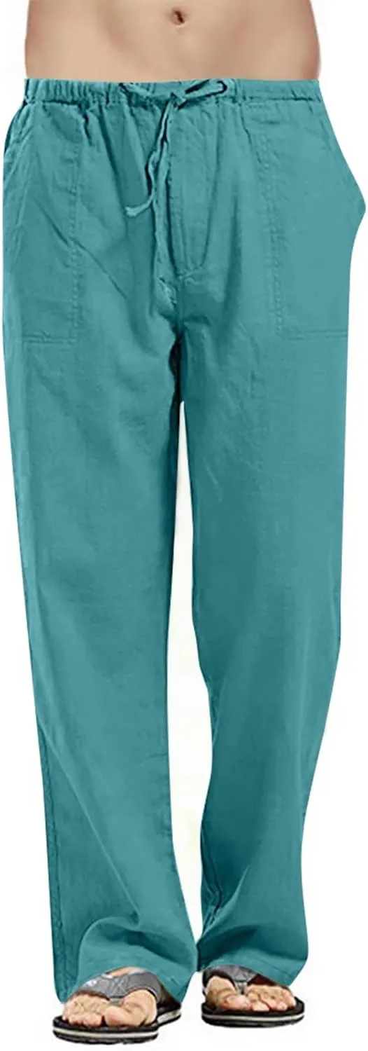 Cotton Linen Pants Men Summer Plain Pants Loose Fit with Elastic Waist Drawstring Beach Trousers