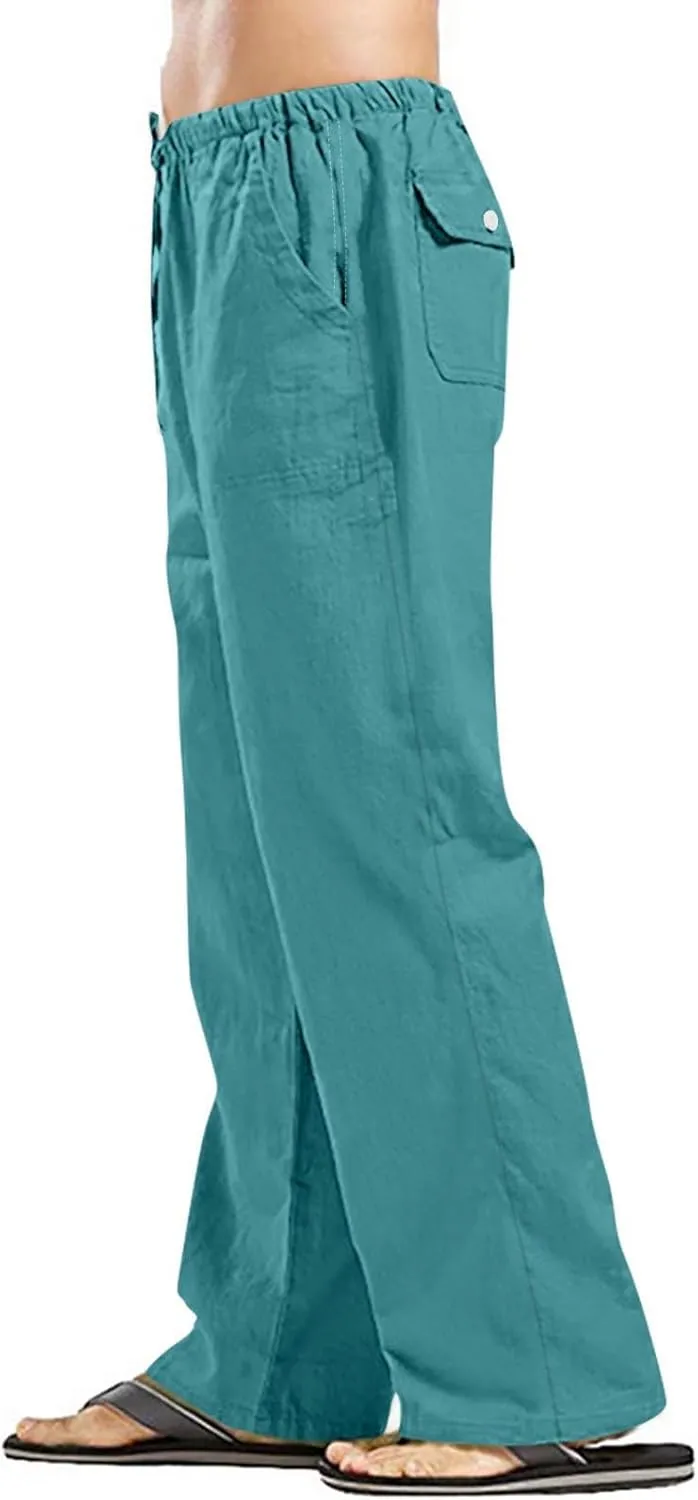 Cotton Linen Pants Men Summer Plain Pants Loose Fit with Elastic Waist Drawstring Beach Trousers