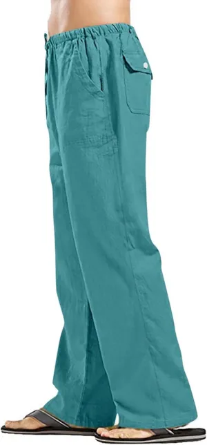 Cotton Linen Pants Men Summer Plain Pants Loose Fit with Elastic Waist Drawstring Beach Trousers