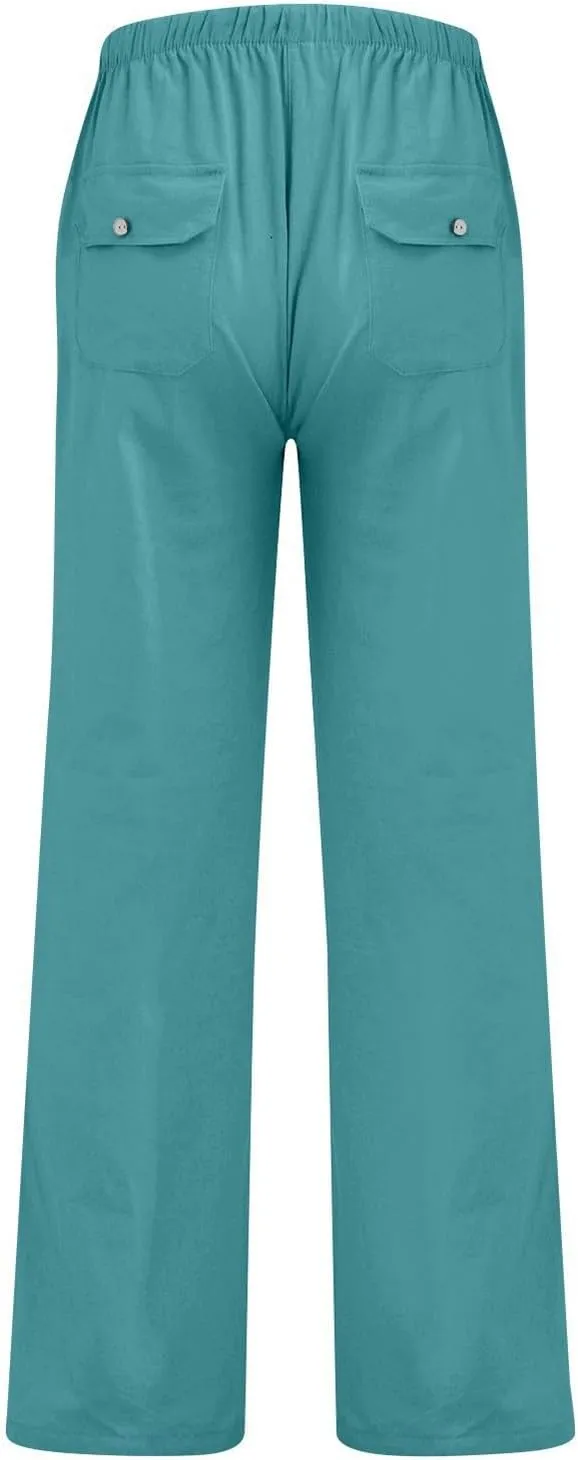 Cotton Linen Pants Men Summer Plain Pants Loose Fit with Elastic Waist Drawstring Beach Trousers