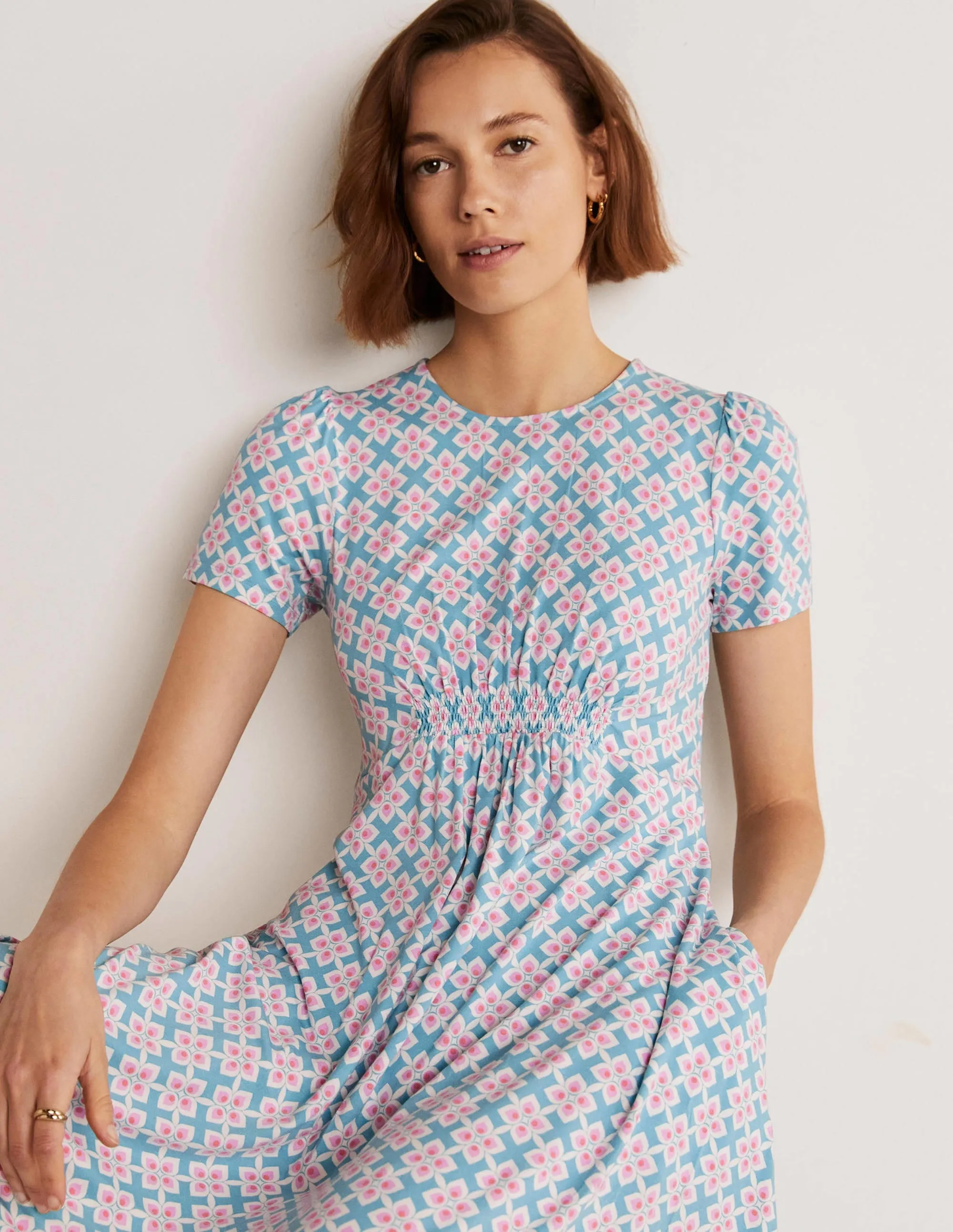 Crew Neck Jersey Dress-Coastal Shade, Diamond Leaf