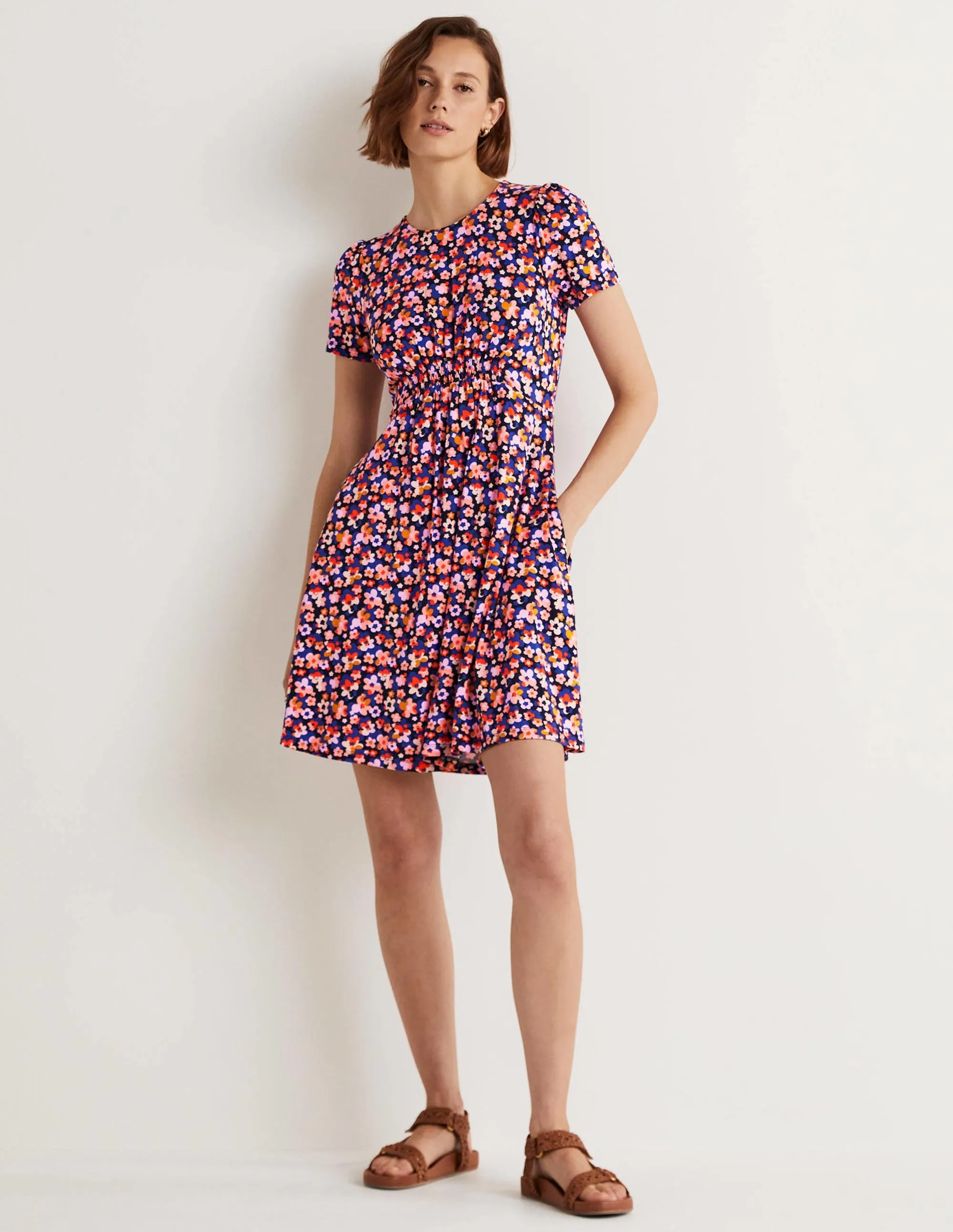 Crew Neck Jersey Dress-French Navy, Abstract Cluster