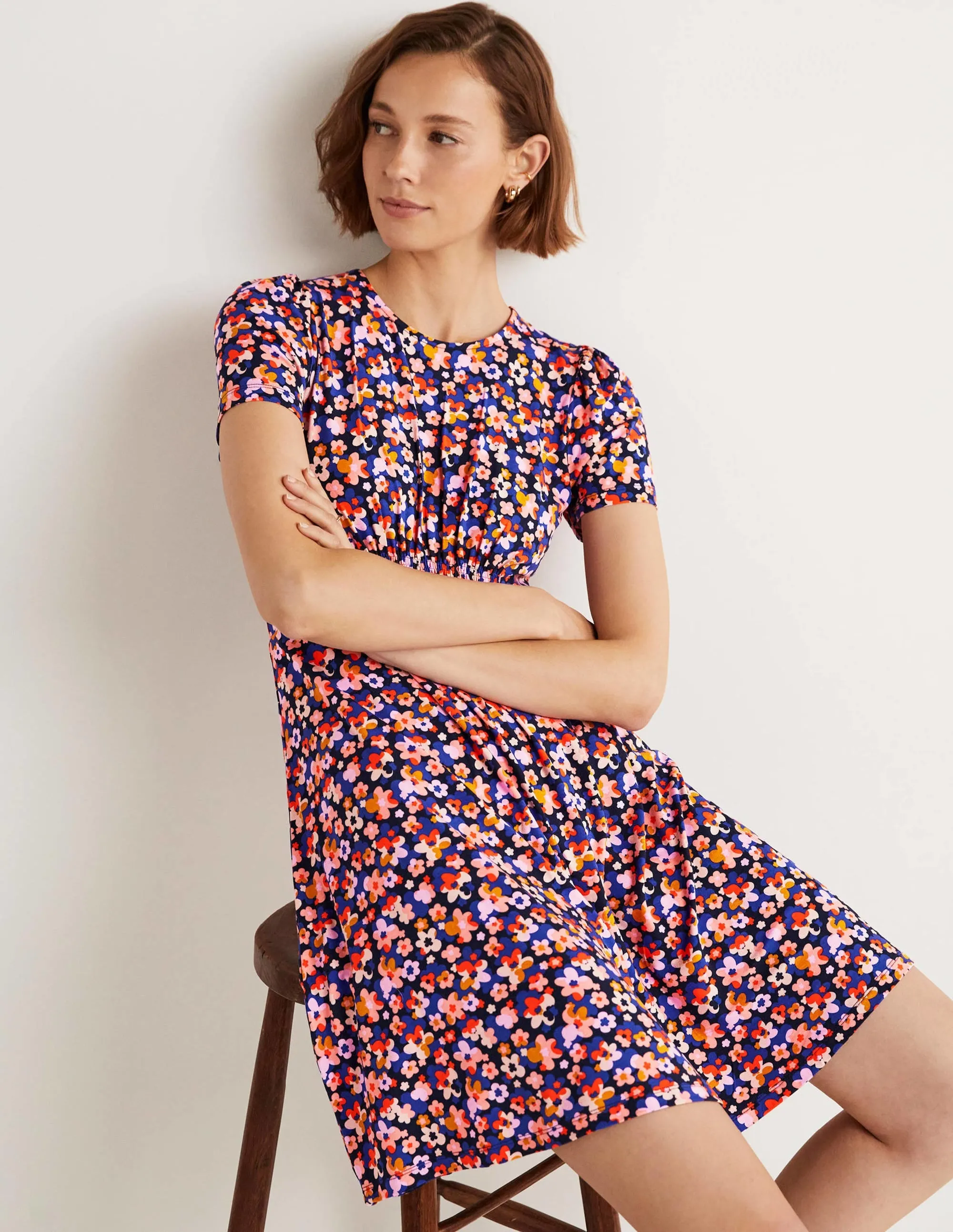 Crew Neck Jersey Dress-French Navy, Abstract Cluster