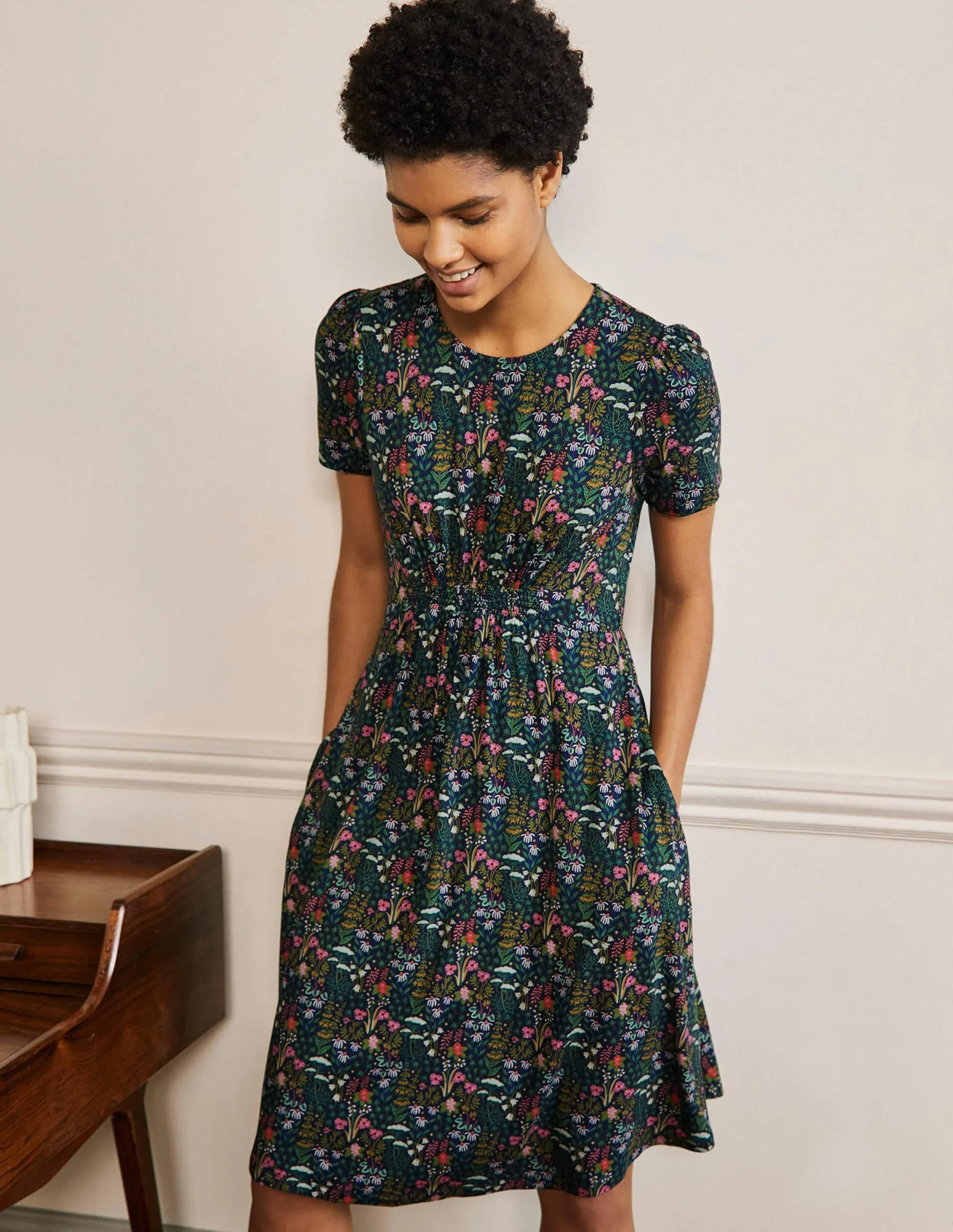 Crew Neck Jersey Dress-French Navy, Wildflower Bloom
