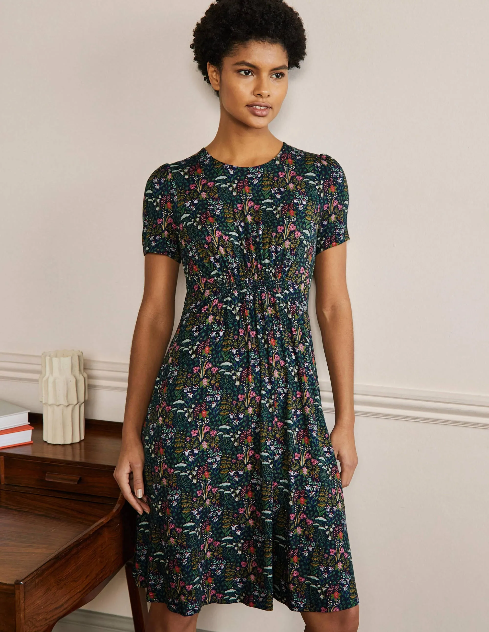 Crew Neck Jersey Dress-French Navy, Wildflower Bloom