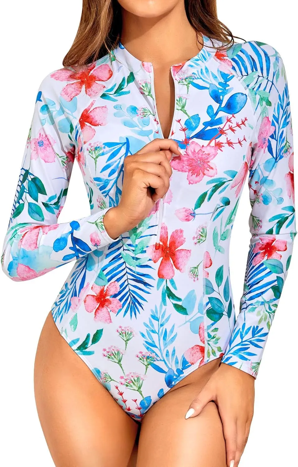 Daci Women Long Sleeve Rash Guard One Piece Zipper Swimsuit Surfing Bathing Suit UPF 50