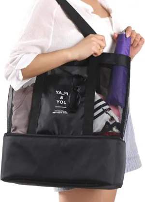 EVTSCAN Mesh Shoulder Bag Double Layer Nylon Insulated High Capacity Beach Tote Cooler Layer Outdoor Black