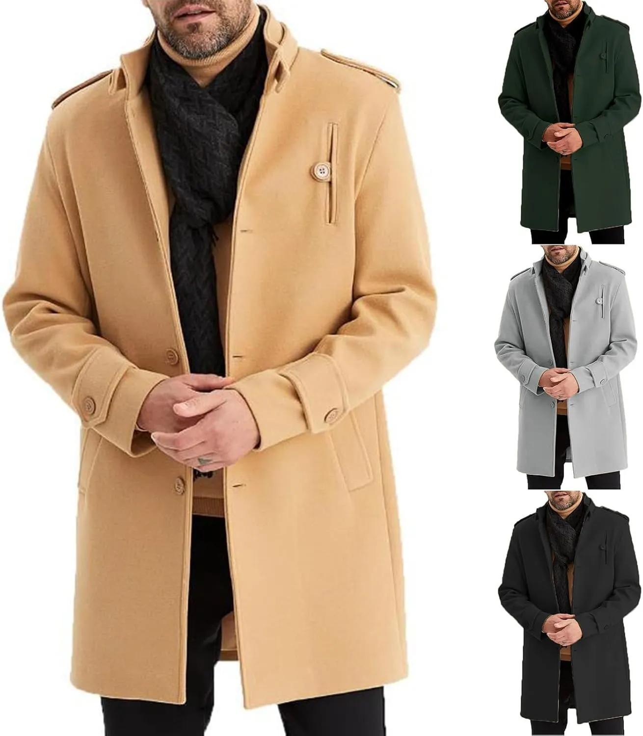 evzosrz Mens Trench Coat Slim Fit Stand Collar Business Warm Lapel Single Breasted Pea Coat Warm Soft Fall Winter Overcoat