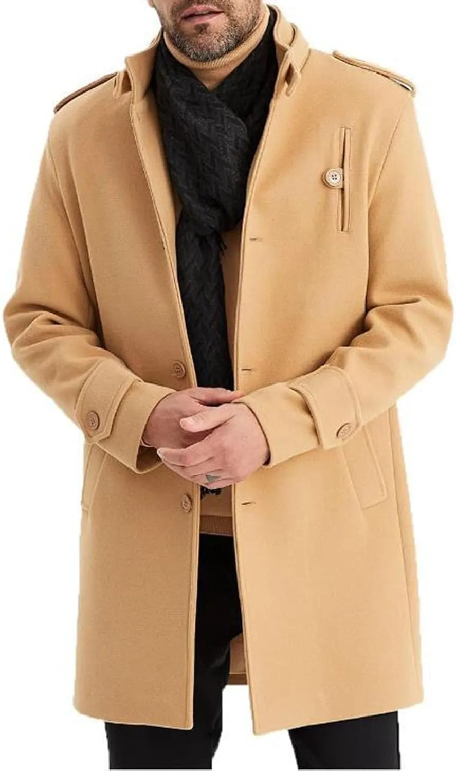 evzosrz Mens Trench Coat Slim Fit Stand Collar Business Warm Lapel Single Breasted Pea Coat Warm Soft Fall Winter Overcoat