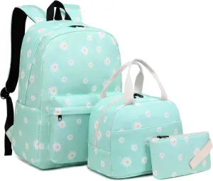 Flowers School Backpack for Teen Girls, 3-in-1 Kids Backpack Bookbag Set School Bags with Lunch Box Pencil Case (Green)