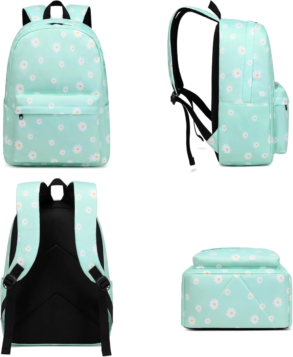 Flowers School Backpack for Teen Girls, 3-in-1 Kids Backpack Bookbag Set School Bags with Lunch Box Pencil Case (Green)