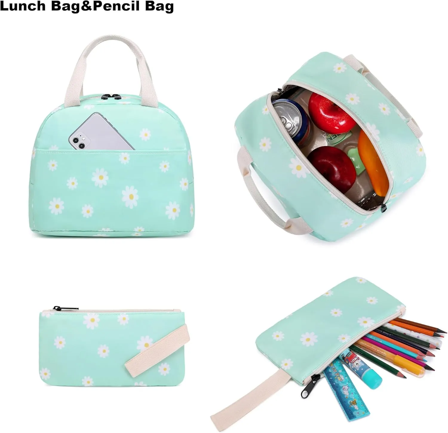 Flowers School Backpack for Teen Girls, 3-in-1 Kids Backpack Bookbag Set School Bags with Lunch Box Pencil Case (Green)