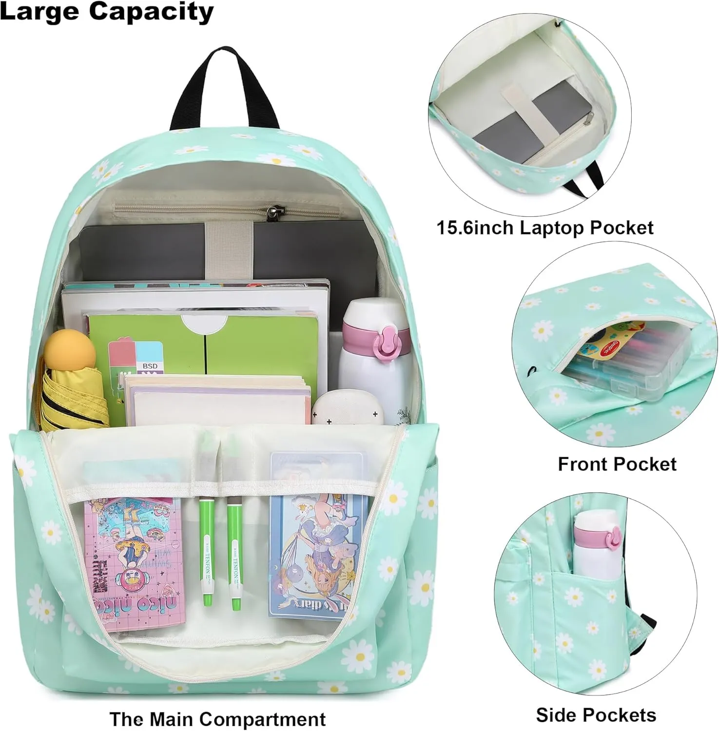 Flowers School Backpack for Teen Girls, 3-in-1 Kids Backpack Bookbag Set School Bags with Lunch Box Pencil Case (Green)