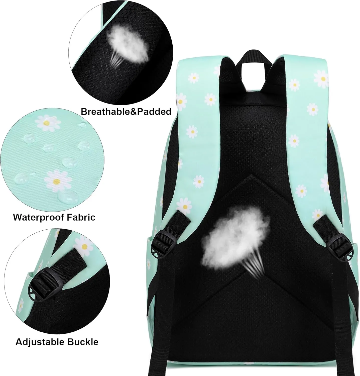 Flowers School Backpack for Teen Girls, 3-in-1 Kids Backpack Bookbag Set School Bags with Lunch Box Pencil Case (Green)