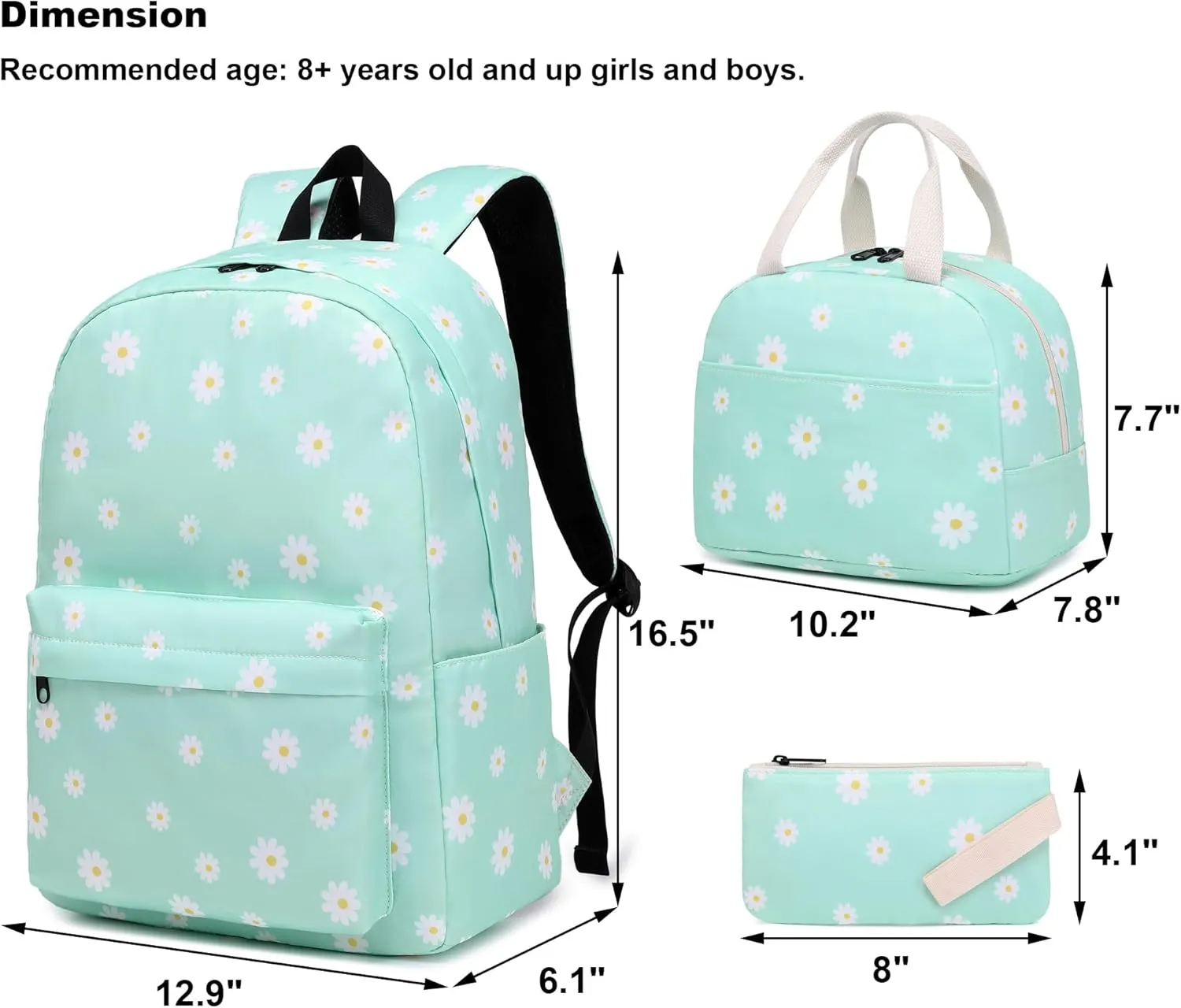 Flowers School Backpack for Teen Girls, 3-in-1 Kids Backpack Bookbag Set School Bags with Lunch Box Pencil Case (Green)