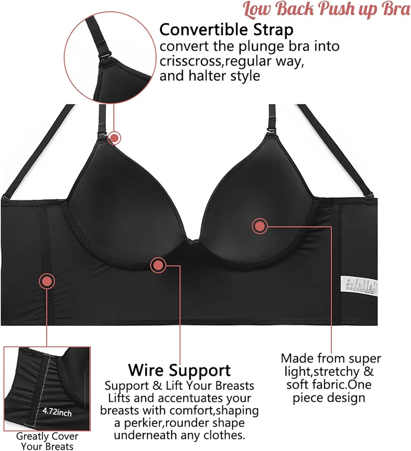 ForBaysy Low Back Bras for Women Push Up Deep V Neck Backless Bra,Low Cut Multiway Convertible Bra Wire Lifting Bralette