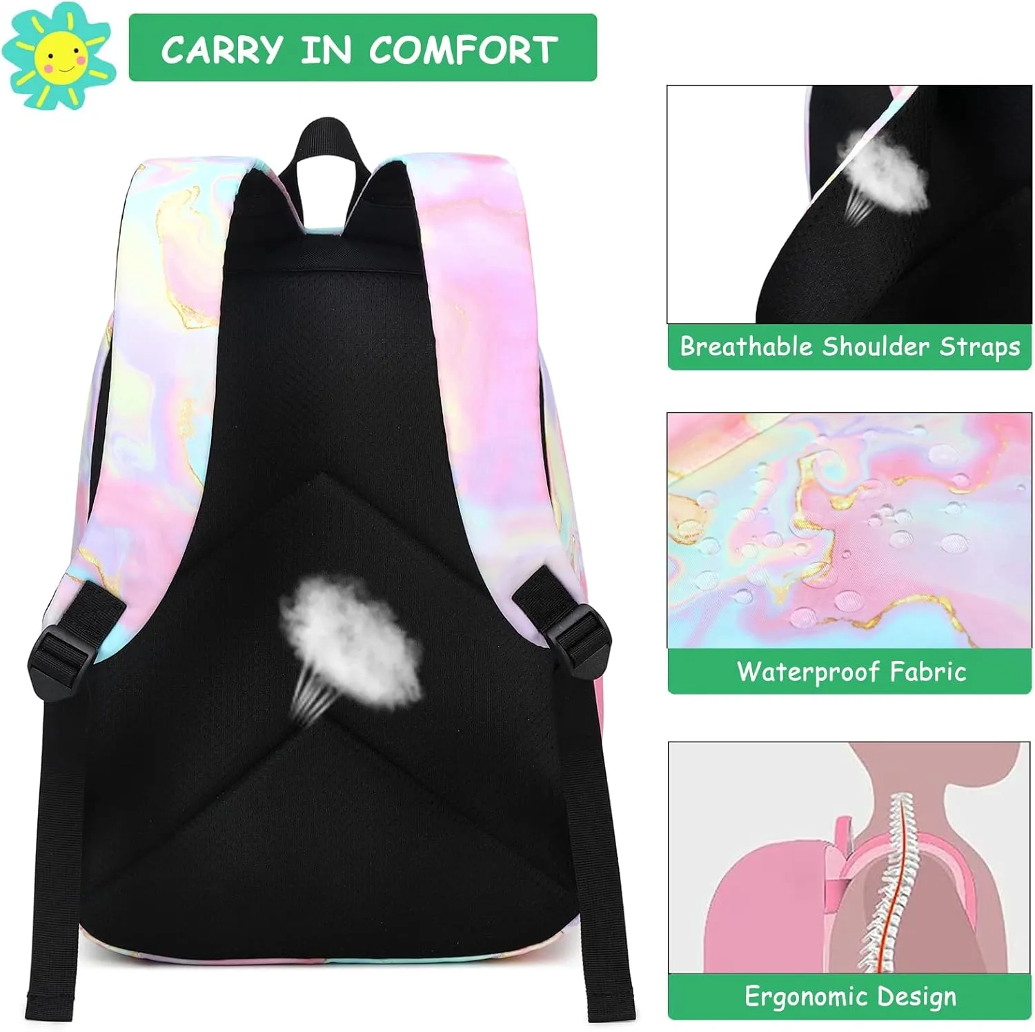 Fuyicat School Backpack Set for Girls, 3-in-1 Kids Teens Elementary Middle School Bags Bookbag with Lunch Bag Pencil Case