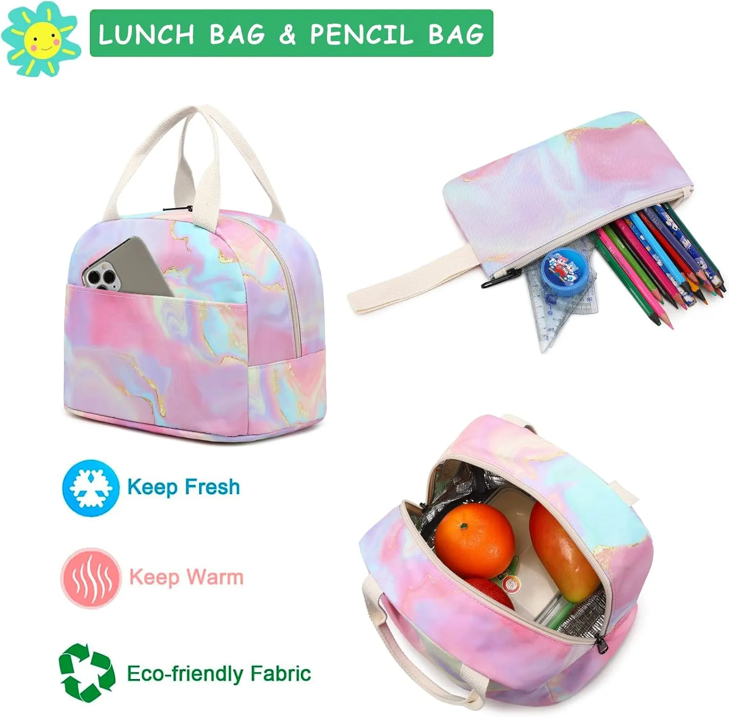 Fuyicat School Backpack Set for Girls, 3-in-1 Kids Teens Elementary Middle School Bags Bookbag with Lunch Bag Pencil Case