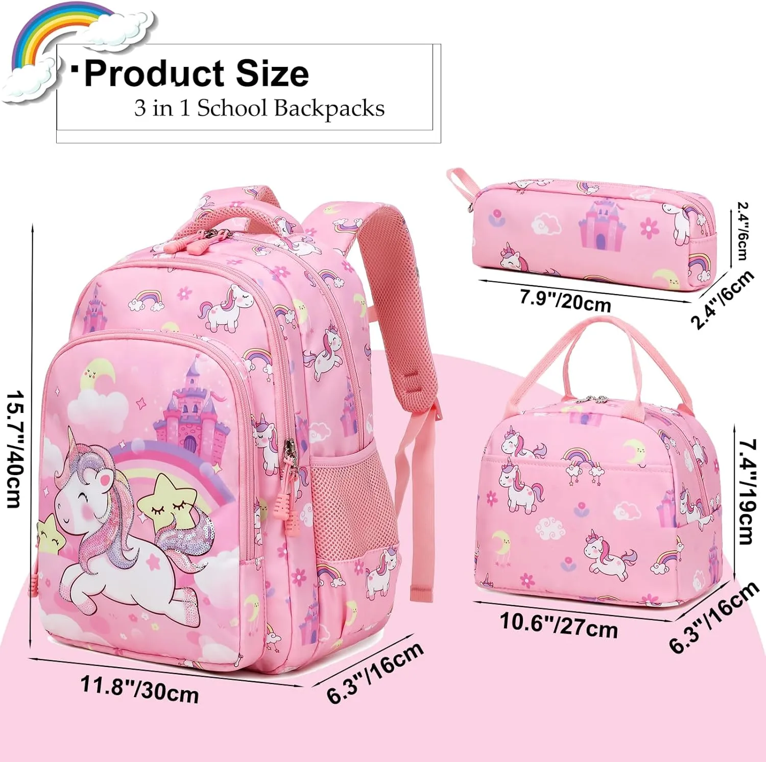 Girls Backpack for Elementary Unicorn Backpack Kids Backpack School Bookbag for Girls 3 in 1 Set Back to School