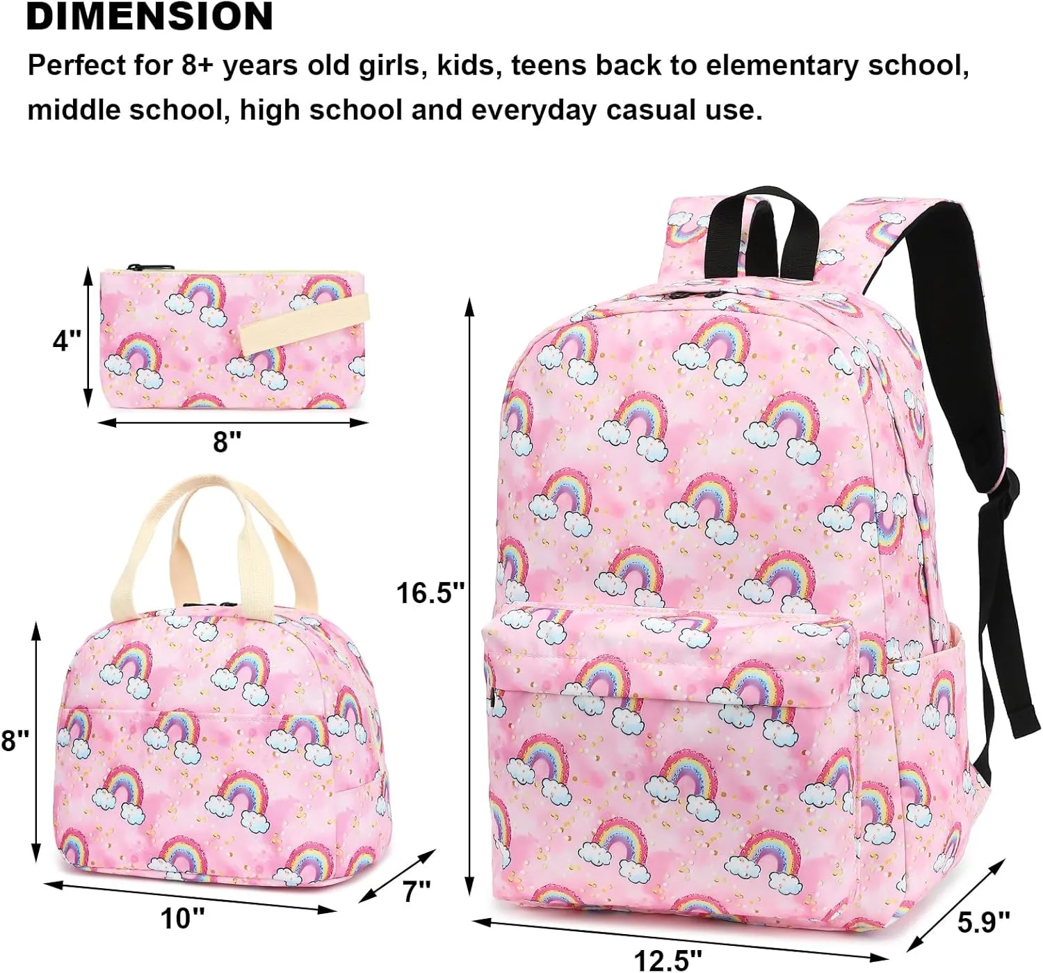 Girls School Backpacks for Kids Teens, 3-in-1 School Bag Bookbags Set with Lunch Bag Pencil Case