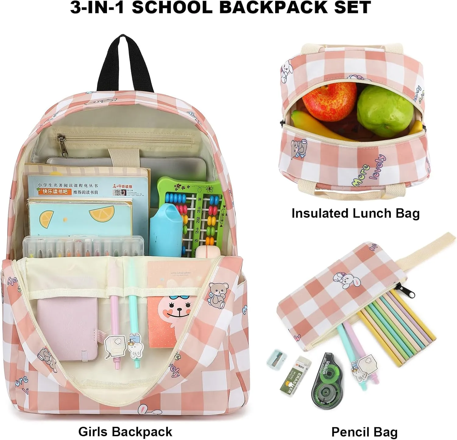 Girls School Backpacks for Kids Teens, 3-in-1 School Bag Bookbags Set with Lunch Bag Pencil Case