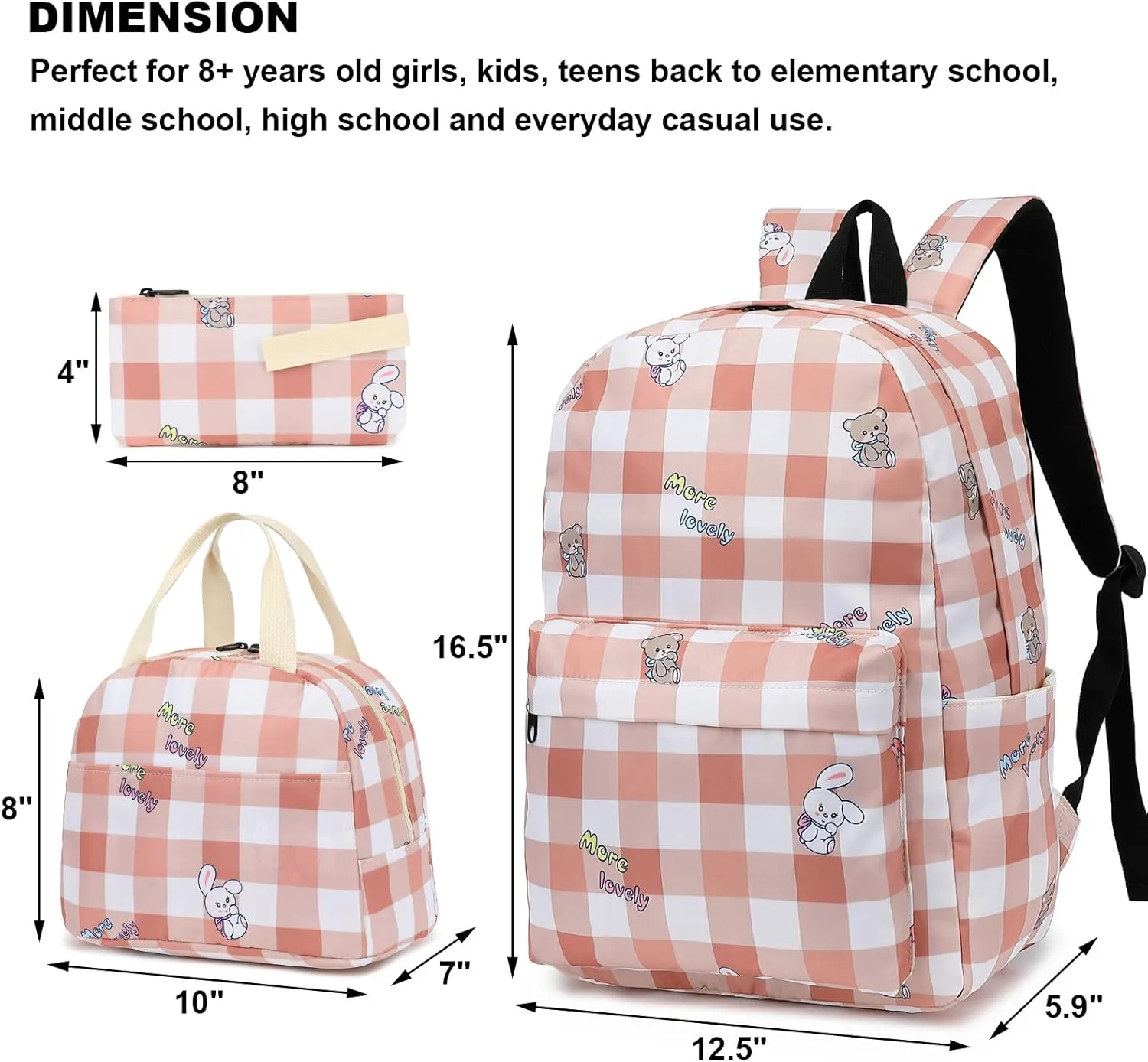Girls School Backpacks for Kids Teens, 3-in-1 School Bag Bookbags Set with Lunch Bag Pencil Case