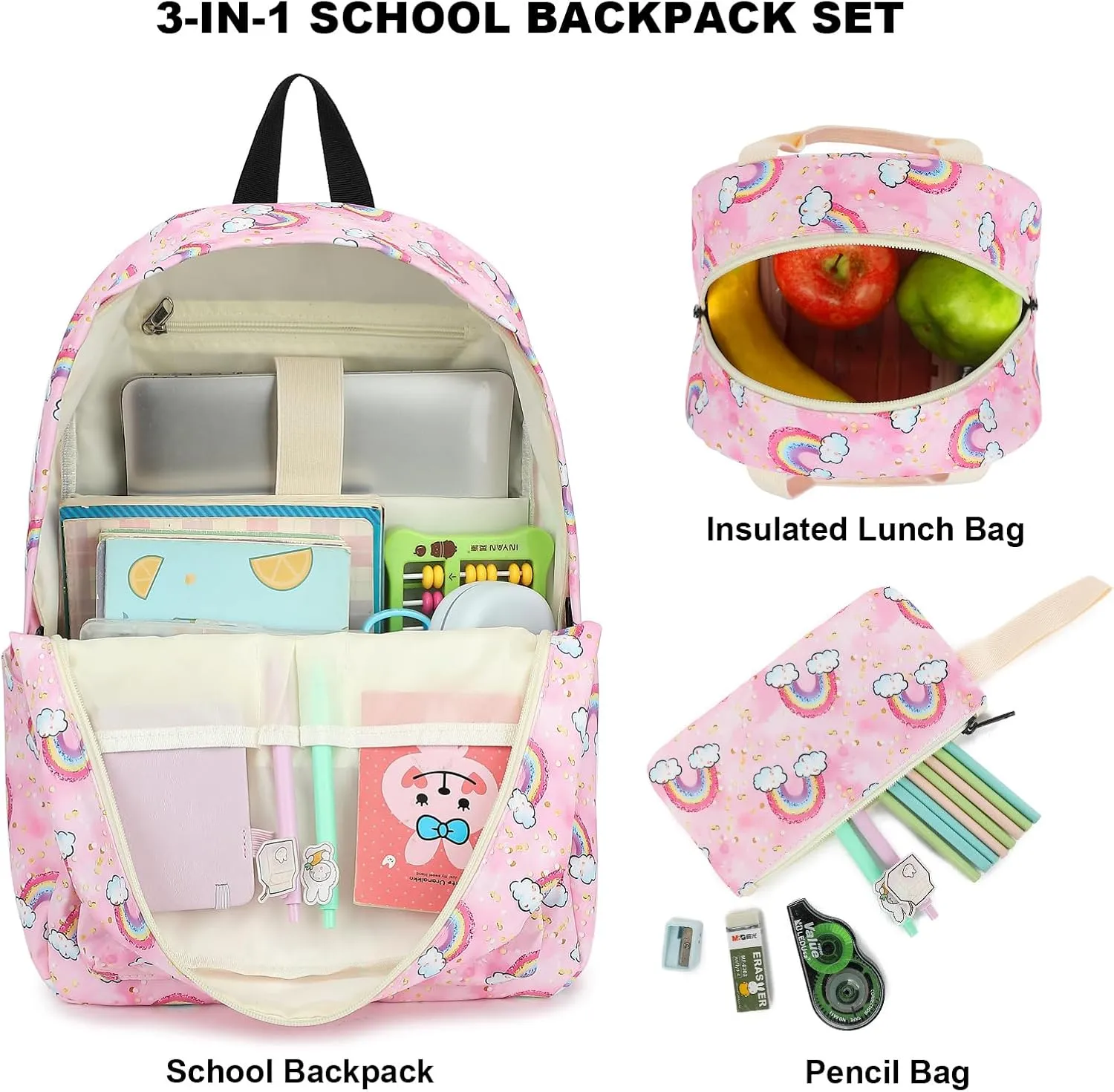 Girls School Backpacks for Kids Teens, 3-in-1 School Bag Bookbags Set with Lunch Bag Pencil Case