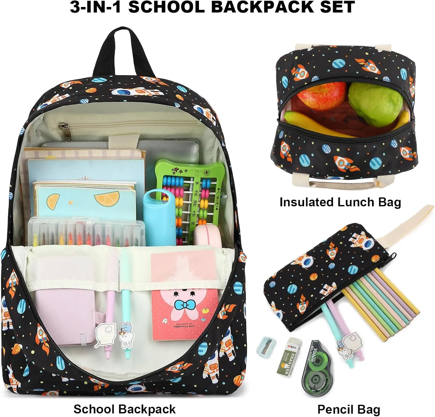 Girls School Backpacks for Kids Teens, 3-in-1 School Bag Bookbags Set with Lunch Bag Pencil Case