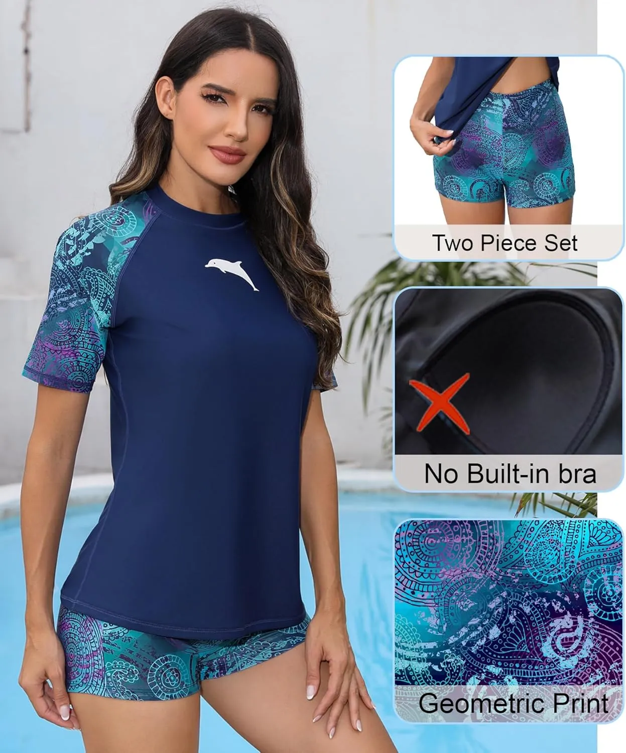 Halcurt Women Short Sleeve Two Piece Rash Guard Set UPF 50 Swim Shirt with Board Shorts