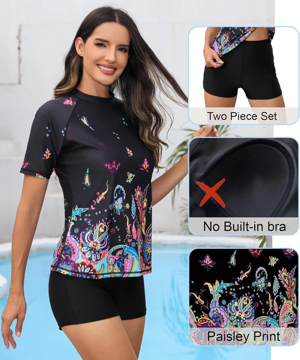 Halcurt Women Short Sleeve Two Piece Rash Guard Set UPF 50 Swim Shirt with Board Shorts