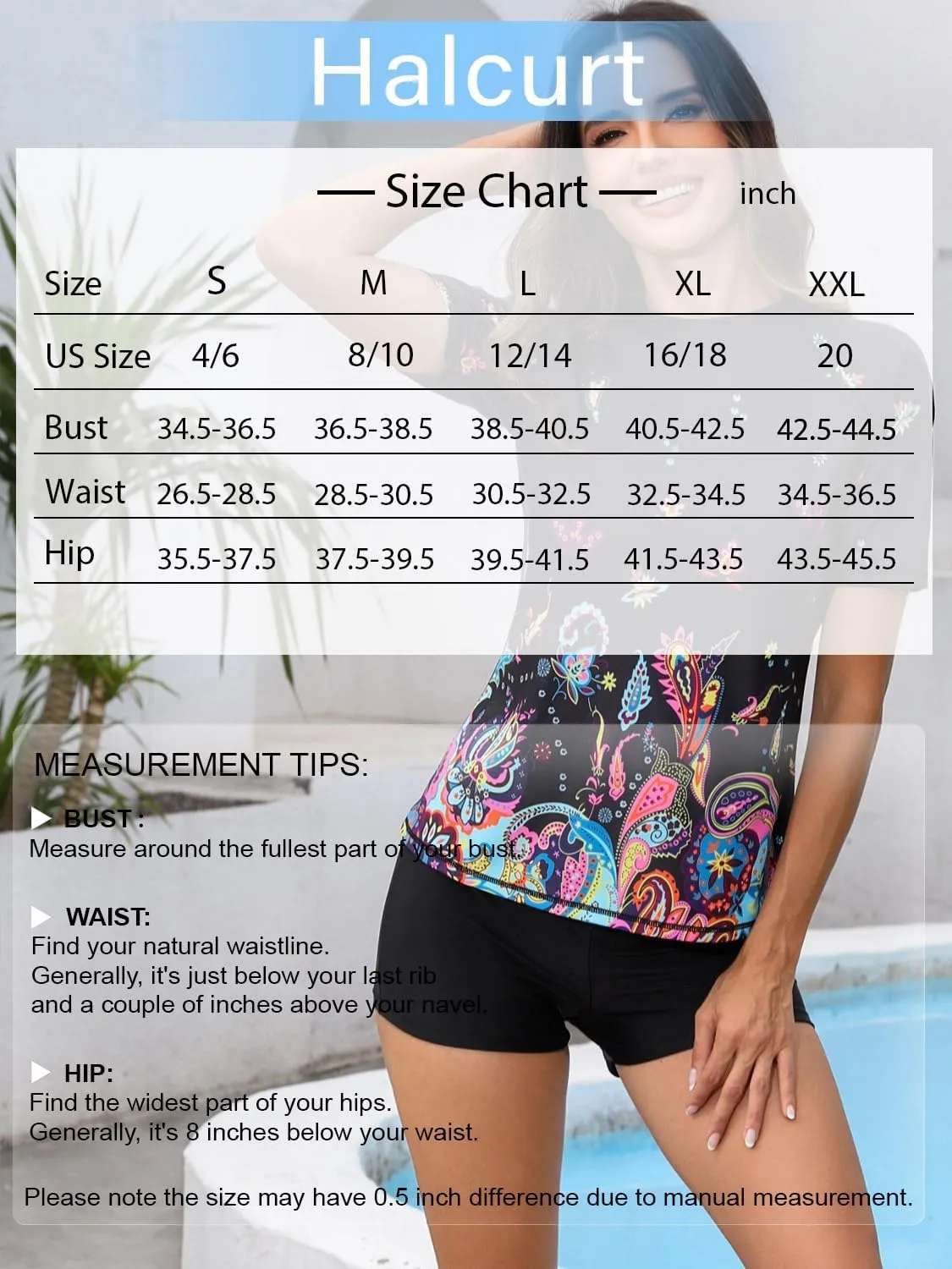 Halcurt Women Short Sleeve Two Piece Rash Guard Set UPF 50 Swim Shirt with Board Shorts