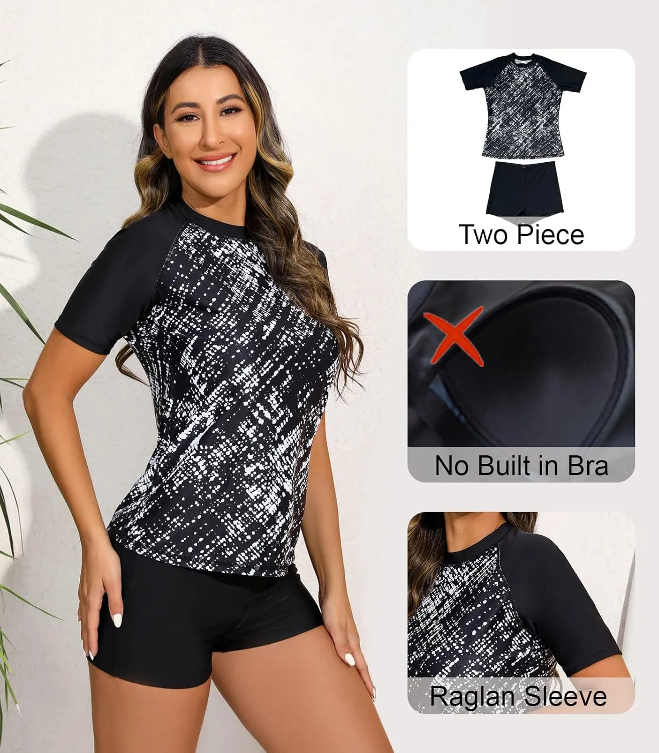 Halcurt Women Short Sleeve Two Piece Rash Guard Set UPF 50 Swim Shirt with Board Shorts