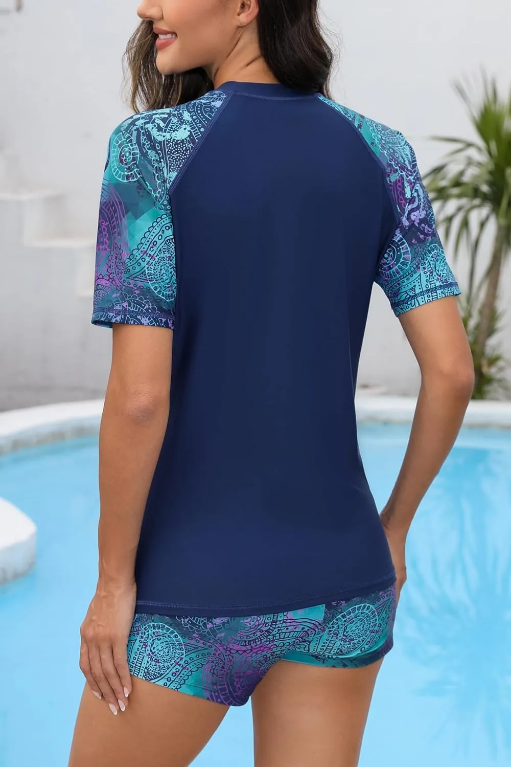 Halcurt Women Short Sleeve Two Piece Rash Guard Set UPF 50 Swim Shirt with Board Shorts