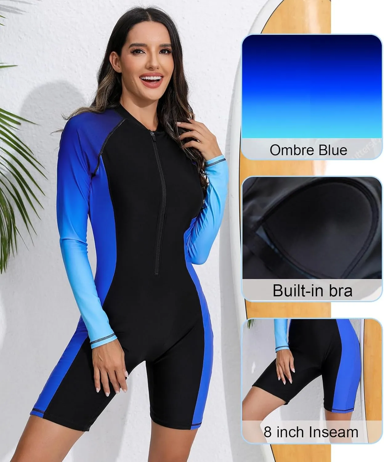 Halcurt Women's Boyleg One Piece Rash Guard with Built in Bra UPF50  Zip Long Sleeve Full Body Modest Swimsuit