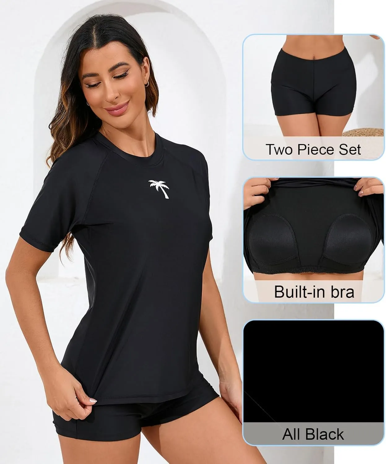 Halcurt Women's Built in Bra Rash Guard UPF 50 Two Piece Swimsuit Shirt and Board Shorts