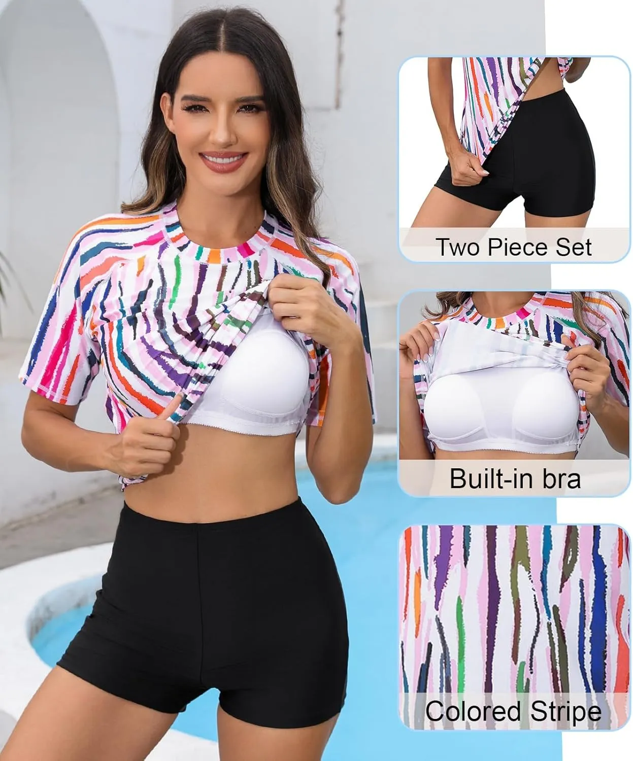 Halcurt Women's Built in Bra Rash Guard UPF 50 Two Piece Swimsuit Shirt and Board Shorts