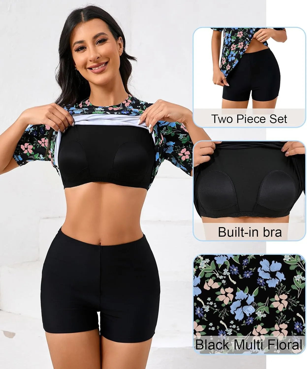 Halcurt Women's Built in Bra Rash Guard UPF 50 Two Piece Swimsuit Shirt and Board Shorts