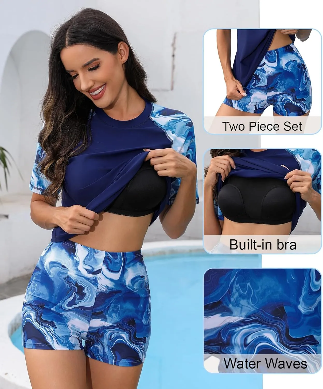 Halcurt Women's Built in Bra Rash Guard UPF 50 Two Piece Swimsuit Shirt and Board Shorts