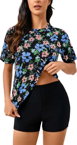Halcurt Women's Built in Bra Rash Guard UPF 50 Two Piece Swimsuit Shirt and Board Shorts