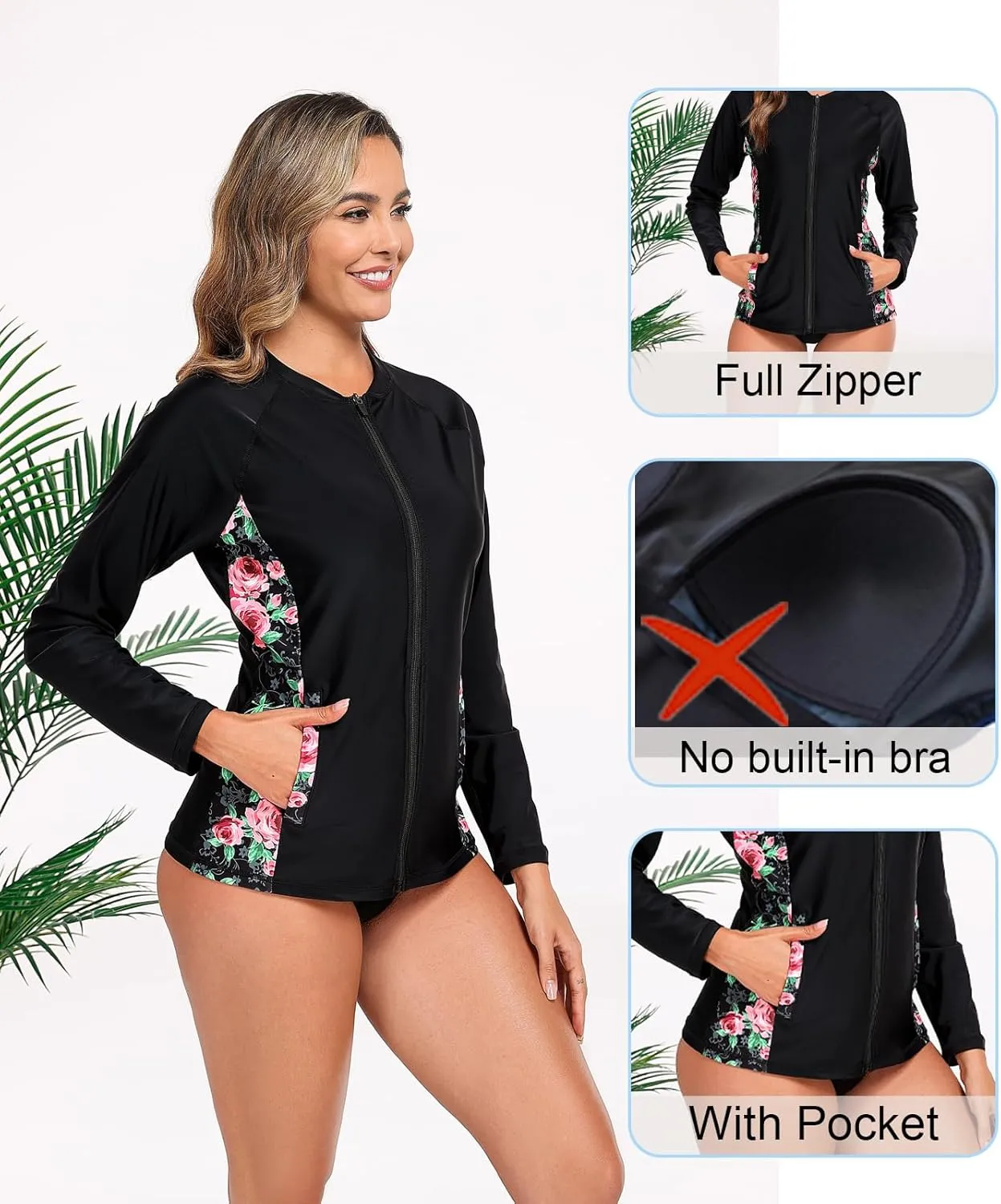 Halcurt Women's Full Zip Long Sleeve Rash Guard Swim Top with Pockets UPF50  Quick Dry Swimsuit