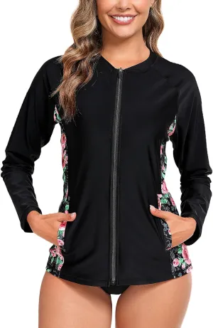 Halcurt Women's Full Zip Long Sleeve Rash Guard Swim Top with Pockets UPF50  Quick Dry Swimsuit