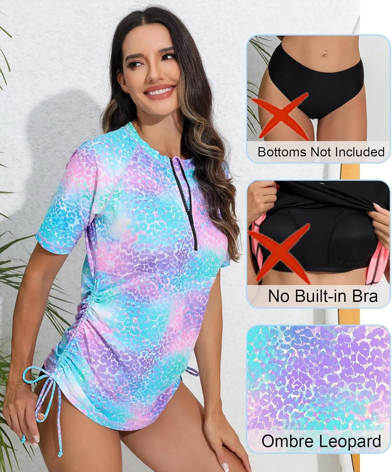 Halcurt Women's Half Zip Short Sleeve Rash Guard Swimsuit Top Ruched Swim Shirt UPF50  Quick Dry Bathing Suit