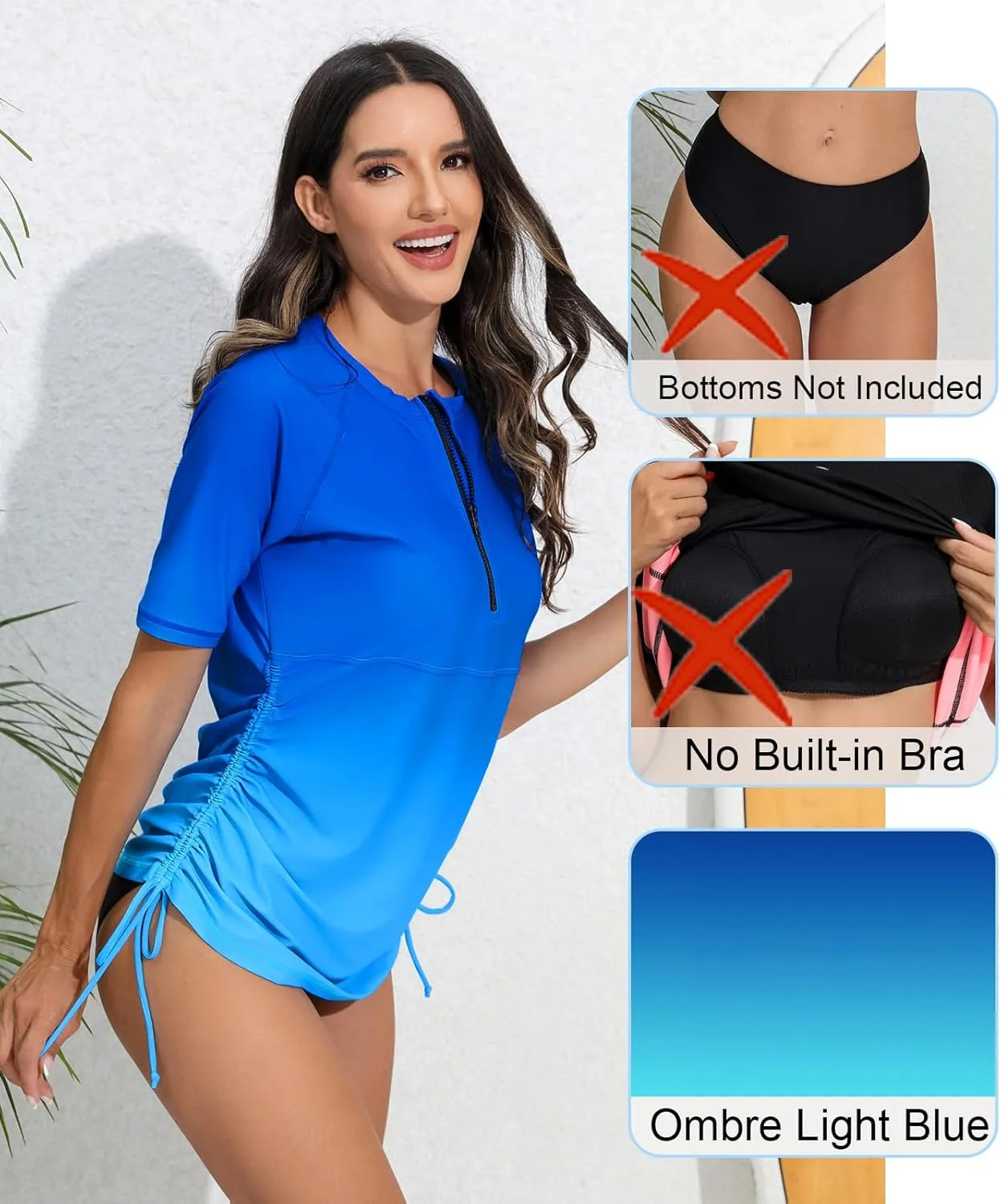 Halcurt Women's Half Zip Short Sleeve Rash Guard Swimsuit Top Ruched Swim Shirt UPF50  Quick Dry Bathing Suit