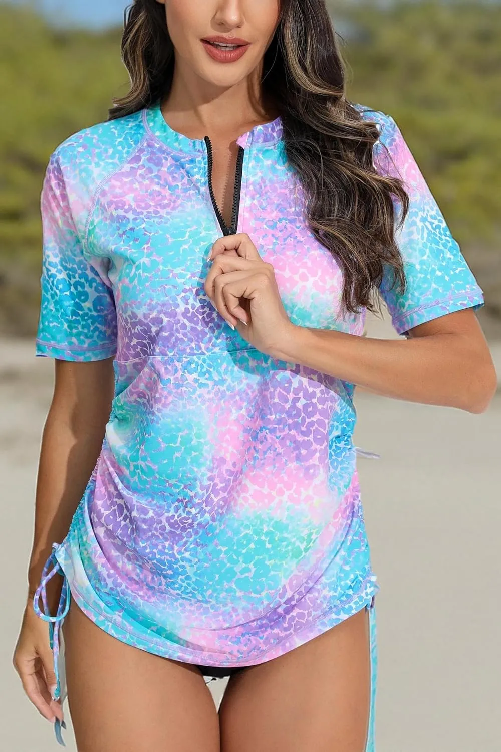 Halcurt Women's Half Zip Short Sleeve Rash Guard Swimsuit Top Ruched Swim Shirt UPF50  Quick Dry Bathing Suit