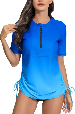 Halcurt Women's Half Zip Short Sleeve Rash Guard Swimsuit Top Ruched Swim Shirt UPF50  Quick Dry Bathing Suit