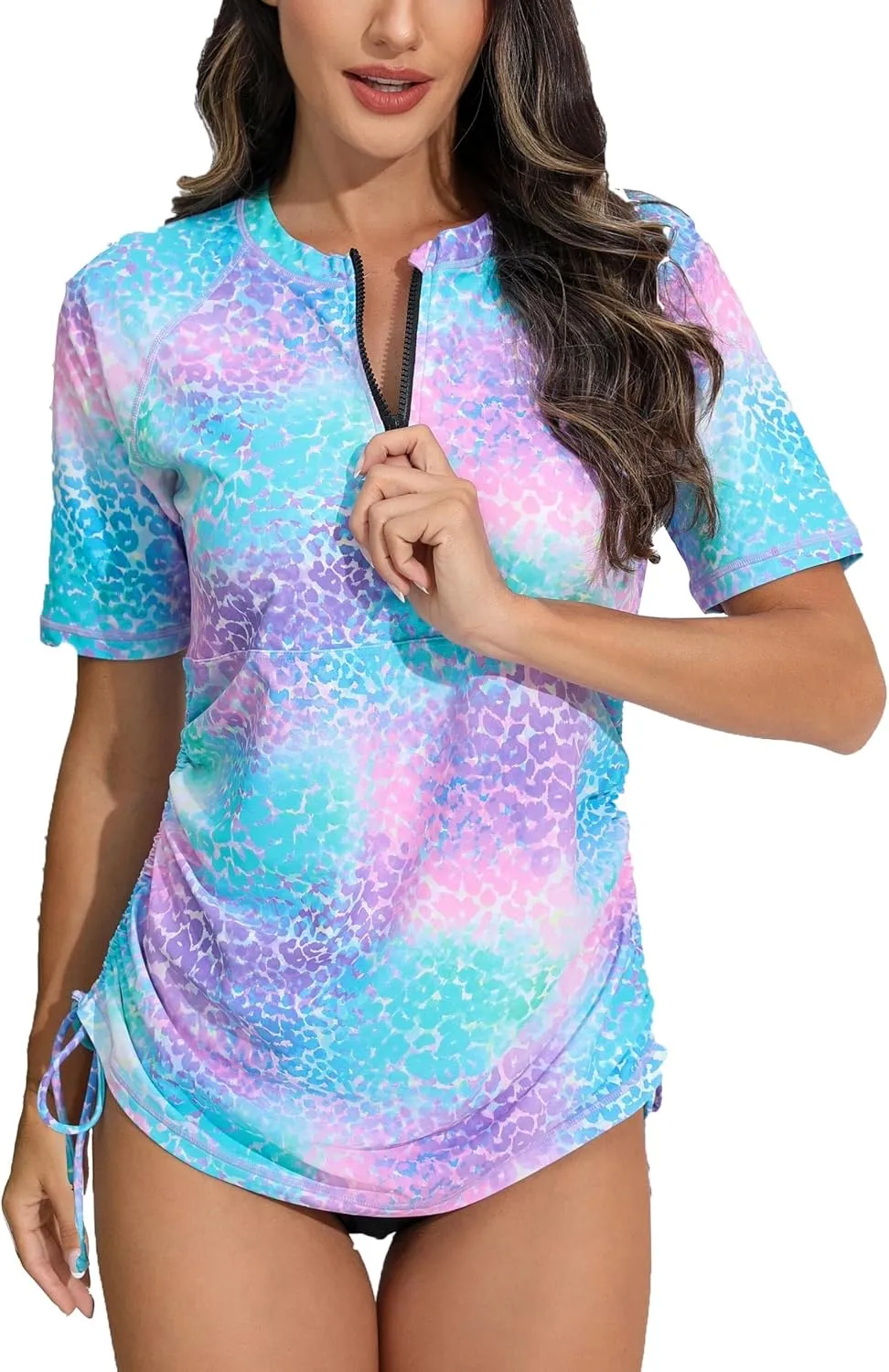 Halcurt Women's Half Zip Short Sleeve Rash Guard Swimsuit Top Ruched Swim Shirt UPF50  Quick Dry Bathing Suit