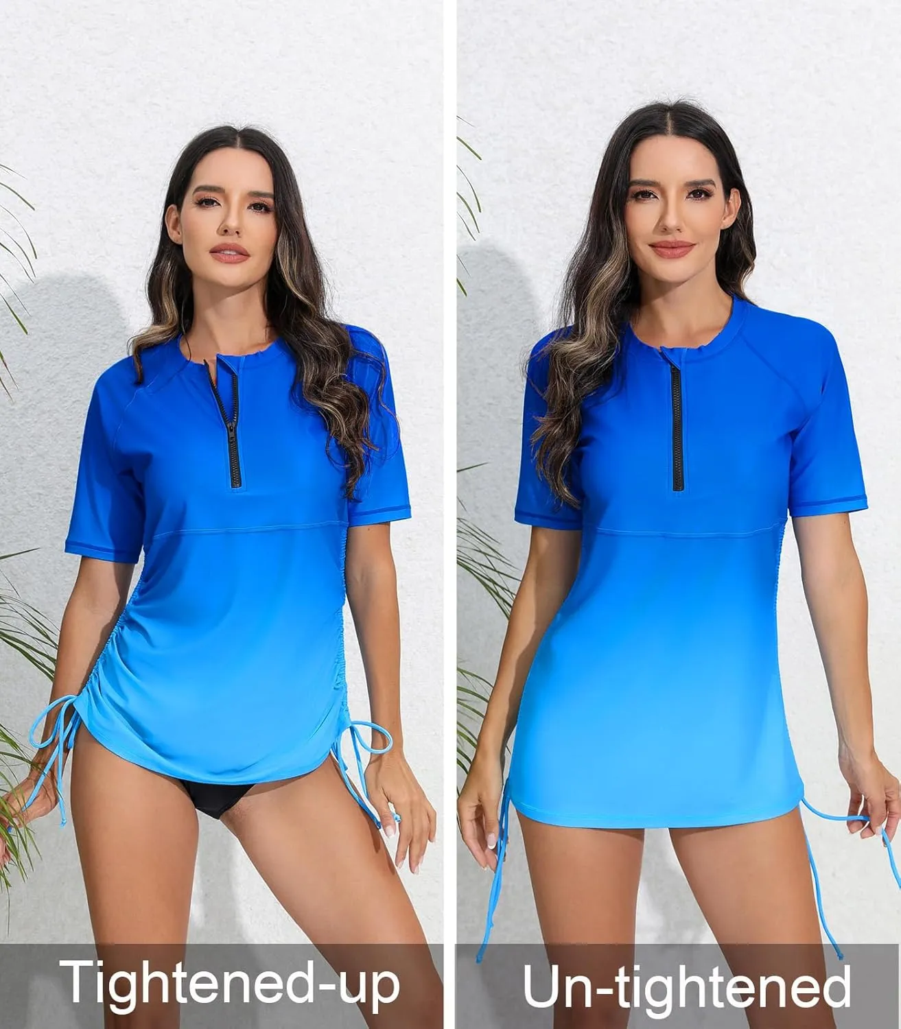 Halcurt Women's Half Zip Short Sleeve Rash Guard Swimsuit Top Ruched Swim Shirt UPF50  Quick Dry Bathing Suit